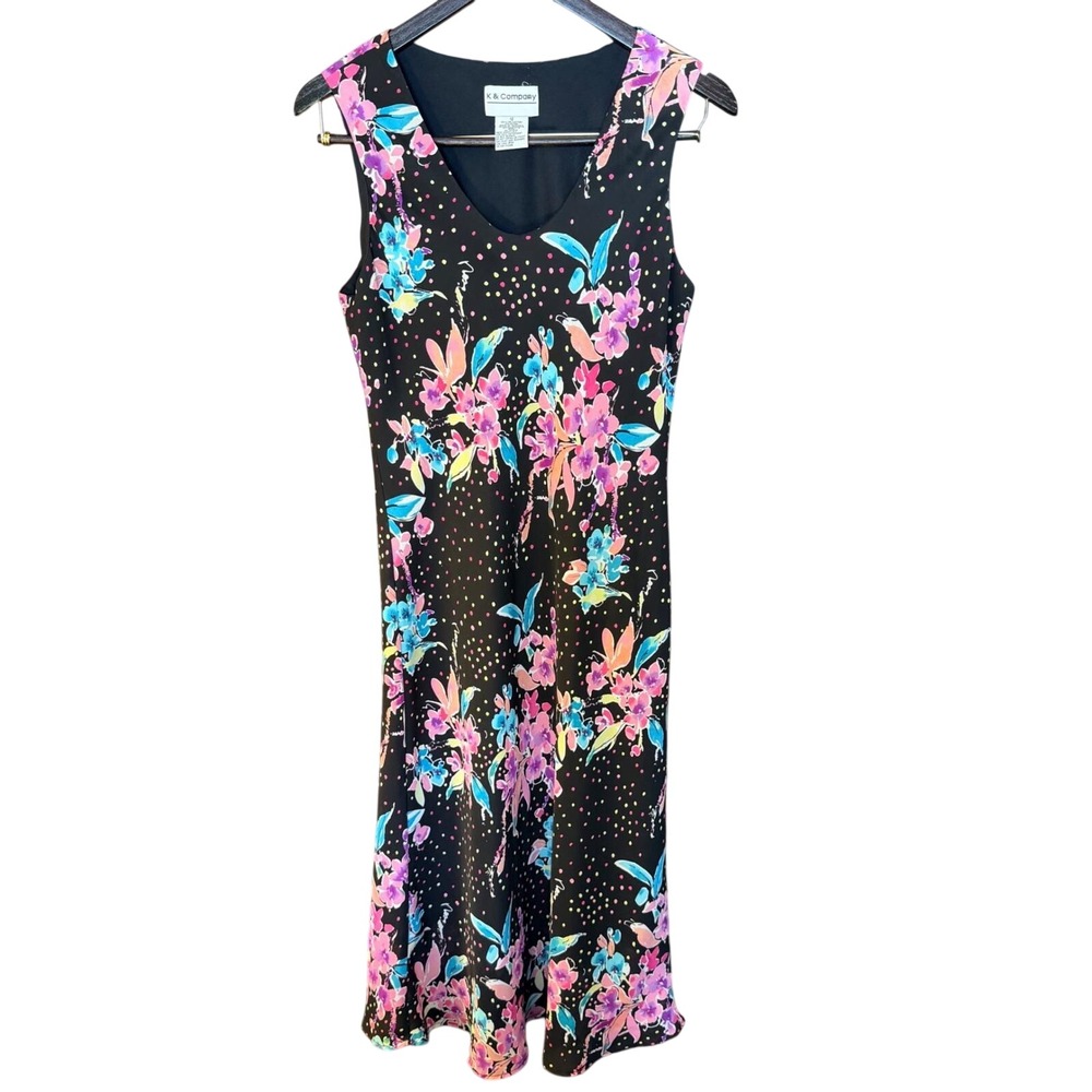 VTG Womens Med 12 Floral Polka Dot V-Neck Sleeveless Midi Dress Black 80s/90s
